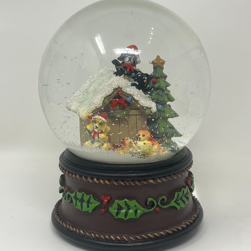 Jingles & Joy Musical Snow Globe Christmas Puppies Doghouse Tree NWOT